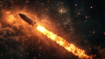 Obraz premium A rocket launches through space, surrounded by fiery trails and cosmic scenery.