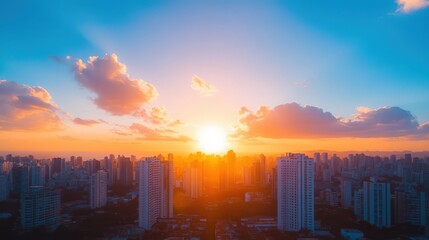 Fototapeta premium The sun is setting over a city with tall buildings