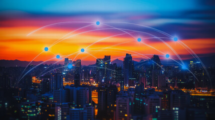 Obraz premium Smart digital city with connection Innovation network reciprocity over the sunset cityscape Concept of future wireless digital city and social media networking systems that connects business people