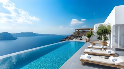 Fototapeta premium A stunning rooftop infinity pool with sun loungers, bathed in natural light, offers breathtaking panoramic views of the azure Mediterranean Sea