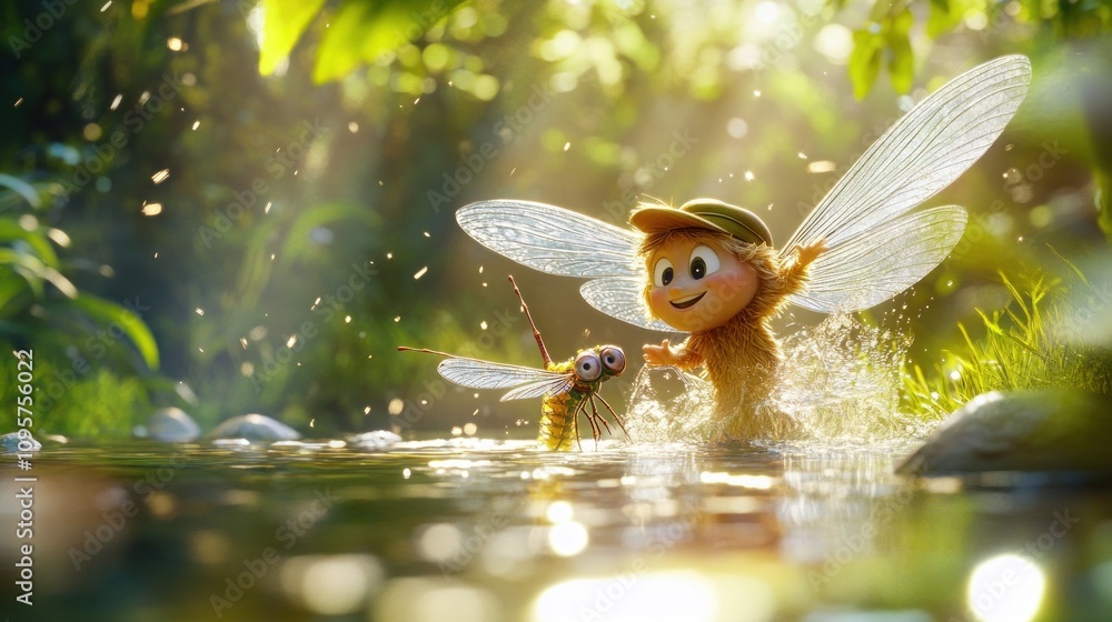 Poster a whimsical scene depicting a joyful character and a dragonfly splashing in a sunlit stream.