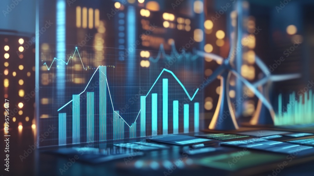 Poster Digital graphs and wind turbines symbolize renewable energy and data analysis.