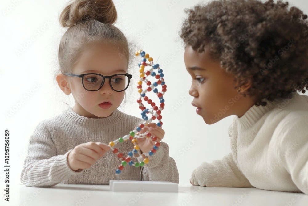 Poster two children examine a colorful dna model, exploring science and learning together.