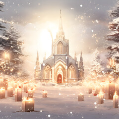 Obraz premium Painting of a christmas village with people skating and a church 