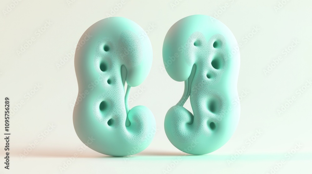 Poster two abstract, mint-colored shapes resembling organic forms, set against a soft background.
