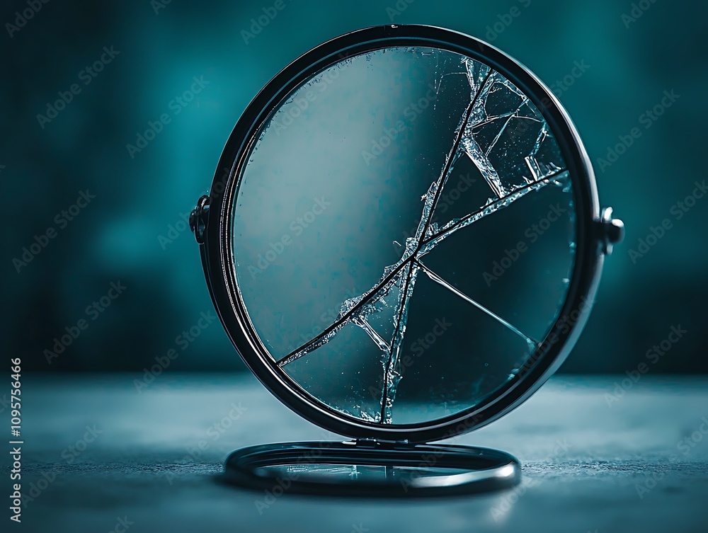 Aufkleber a cracked mirror stands on a table, reflecting shadows and creating an atmospheric, moody ambiance w