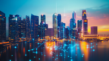 Fototapeta premium Smart digital city with connection Innovation network reciprocity over the sunset cityscape Concept of future wireless digital city and social media networking systems that connects business people