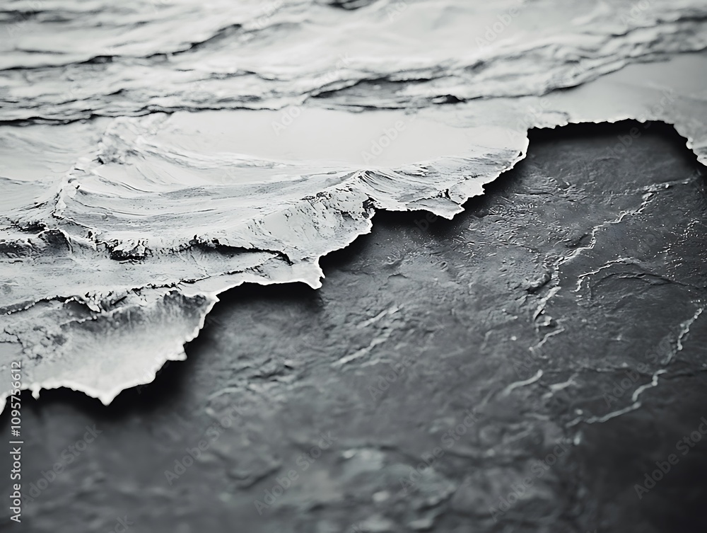 Poster a close-up view of ocean waves gently lapping against a textured shoreline, showcasing the dynamic i