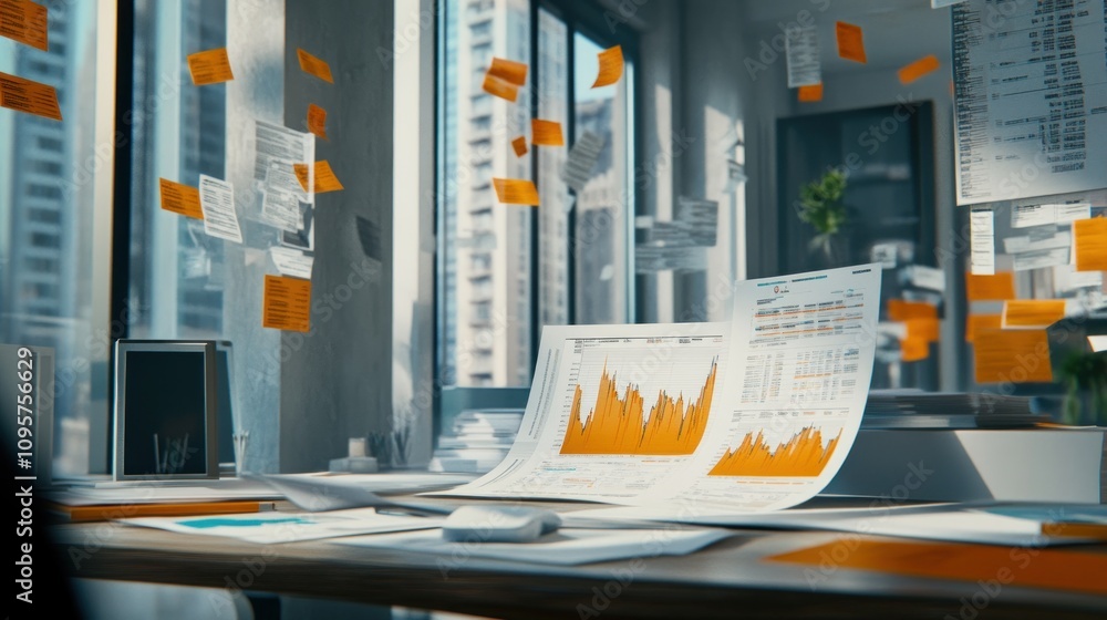 Poster A modern office workspace filled with data charts and sticky notes for project management.