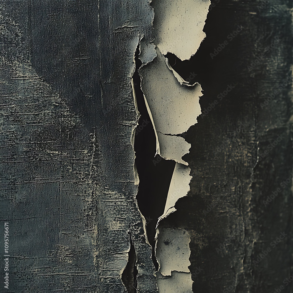 Poster a close-up view of a textured surface with peeling paint, revealing layers beneath, showcasing a ble