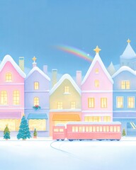 Fototapeta premium Christmas fantasy dreamland concept. Festive train winding through a playful Christmas town square