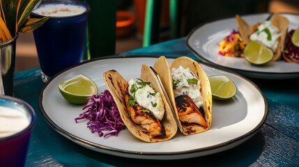 Two delicious fish tacos topped with creamy sauce and served with lime, alongside vibrant purple cabbage on a rustic table.