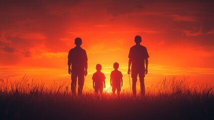 Fototapeta premium Silhouette Family Sunset Fathers Sons Hope Unity