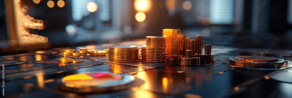 Poster a digital representation of financial growth with coins and charts.