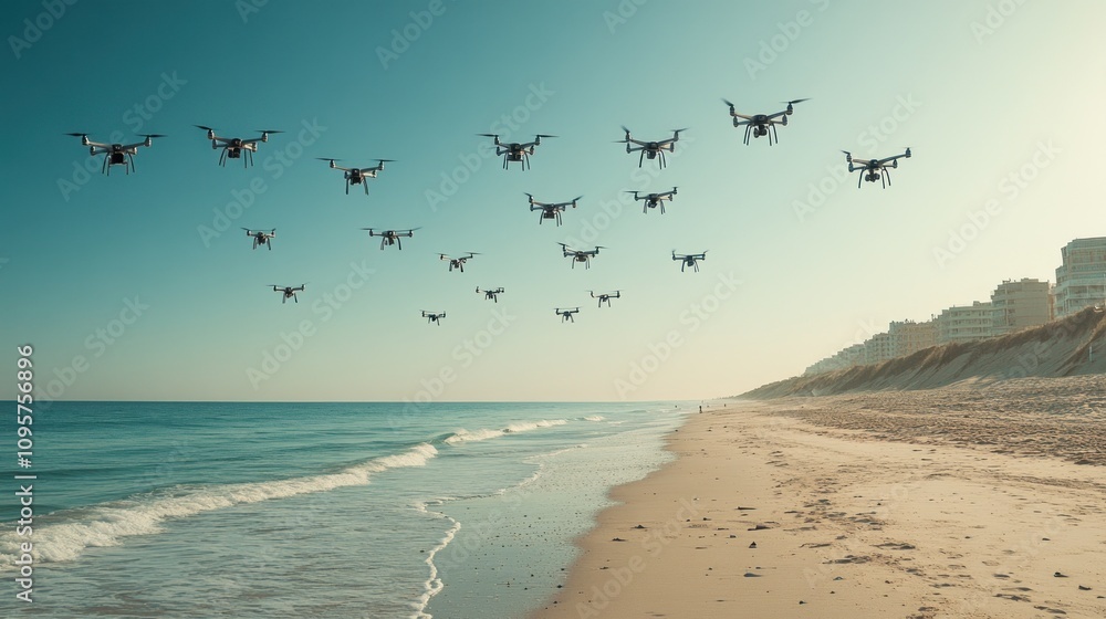 Poster a beach scene with multiple drones flying over the shoreline.
