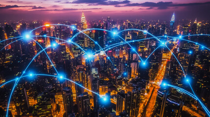 Fototapeta premium Smart digital city with connection Innovation network reciprocity over the sunset cityscape Concept of future wireless digital city and social media networking systems that connects business people