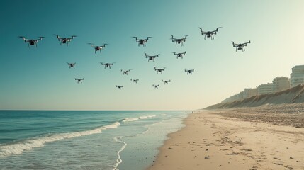 Fototapeta premium A beach scene with multiple drones flying over the shoreline.