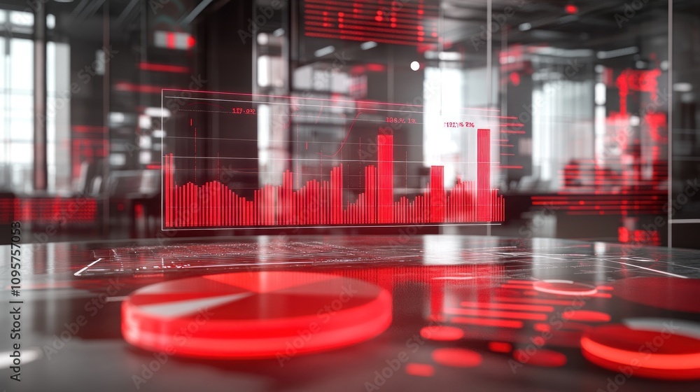 Poster A futuristic workspace featuring digital graphs and charts in red tones.