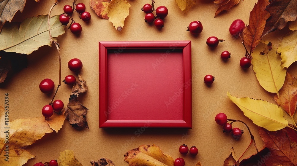 Poster a flat lay of autumn leaves and berries surrounding a red picture frame on a warm background.