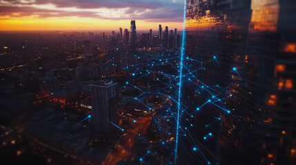 Fototapeta premium Smart digital city with connection Innovation network reciprocity over the sunset cityscape Concept of future wireless digital city and social media networking systems that connects business people