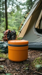 Portable toilet and camping toilet. A vibrant orange camping container sits on the forest floor near a tent, surrounded by nature, perfect for outdoor adventures.
