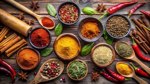 Various spices like pepper, paprika, cumin and turmeric displayed on a wooden board , cooking, kitchen, seasoning