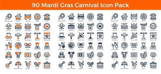 90 Mardi Gras Carnival Icons in 3 Styles (Line, Solid, Two-Tone), Featuring Carnival Booth, Crown, Feathered Mask, and More – Vector Illustrations © Eklip