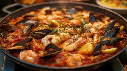 A vibrant seafood paella filled with shrimp, mussels, and lemon slices, garnished with herbs.