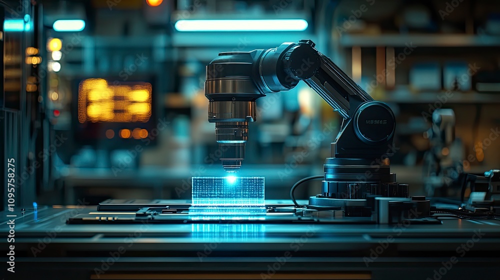 Poster robotic arm performing precision tasks in a high-tech laboratory