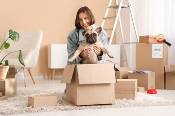 Fototapeta premium Pretty young woman with funny French bulldog in parcel at home