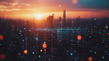 Obraz premium Smart digital city with connection Innovation network reciprocity over the sunset cityscape Concept of future wireless digital city and social media networking systems that connects business people