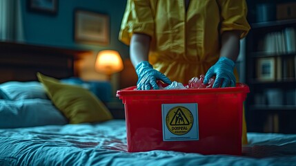 Person handling waste in a dimly lit bedroom environment