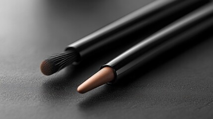 Two makeup brushes on a dark surface, one for blending and the other for precise application.