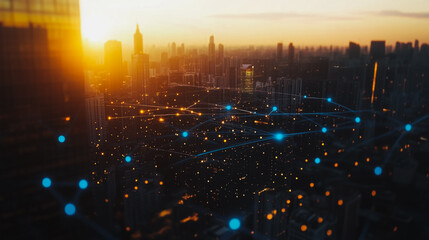 Fototapeta premium Smart digital city with connection Innovation network reciprocity over the sunset cityscape Concept of future wireless digital city and social media networking systems that connects business people