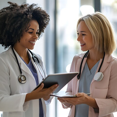 Innovative medical discussion between two female doctors using tablet in modern clinic professional setting collaborative research focus