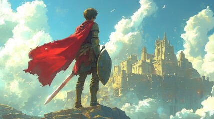 Heroic knight contemplating a grand castle under a vibrant sky