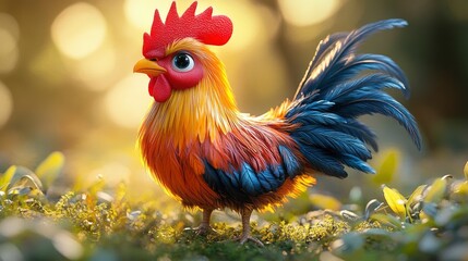 Fototapeta premium Colorful cartoon rooster standing on the ground in a soft lighting background