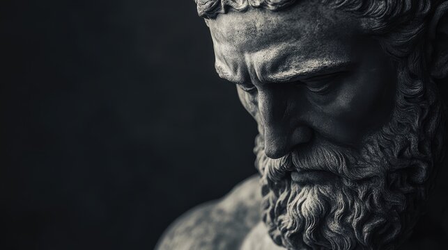 Naklejki Close-up of a weathered stone bust of an ancient Greek man with a beard.