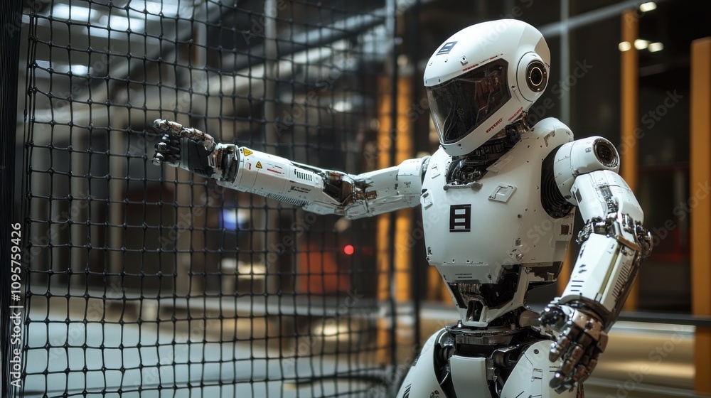 Poster a humanoid robot interacting with a net in a modern facility.