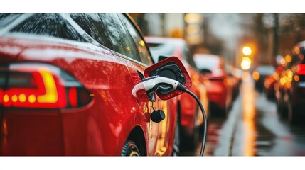 Fototapeta premium A red electric vehicle charging in a city street during a rainy evening.