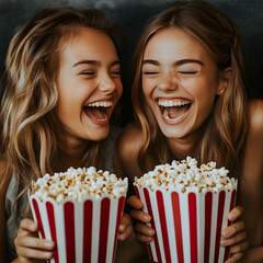 Joyful moments two happy girls enjoying popcorn and laughter at a cozy movie night indoor setting cheerful atmosphere