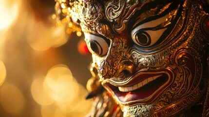 Close-up of an ornate, golden theatrical mask with intricate details, set against a bokeh background.
