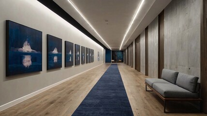 Elegant Art Gallery Corridor with Monochrome Photographs and Sophisticated Modern Design V5