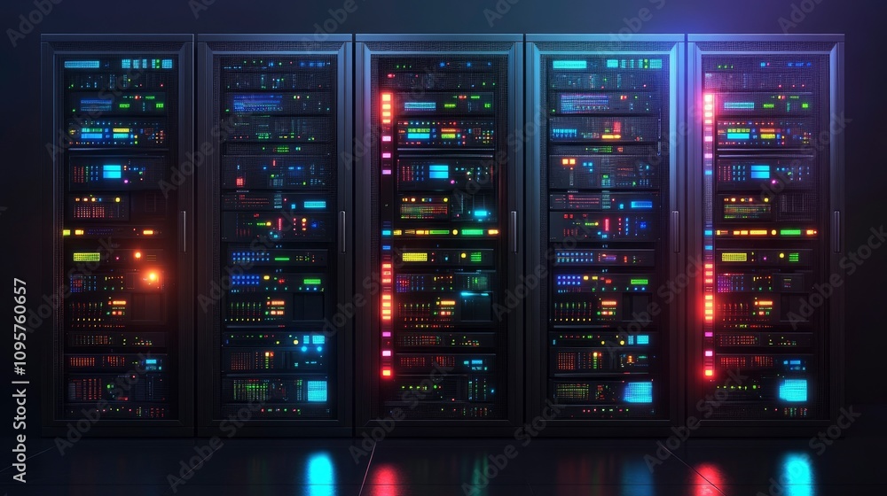 Aufkleber modern data center with illuminated server racks and colorful lights