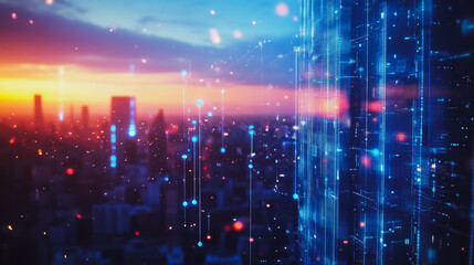 Fototapeta premium Smart digital city with connection Innovation network reciprocity over the sunset cityscape Concept of future wireless digital city and social media networking systems that connects business people
