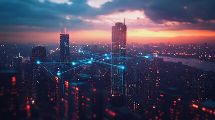Fototapeta premium Smart digital city with connection Innovation network reciprocity over the sunset cityscape Concept of future wireless digital city and social media networking systems that connects business people