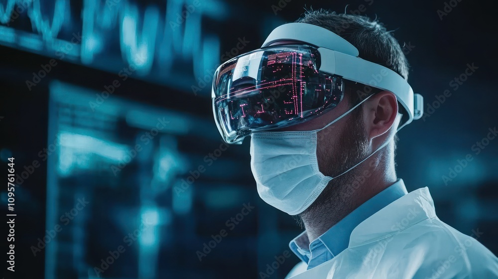 Poster a scientist wearing augmented reality glasses and a mask in a high-tech environment.