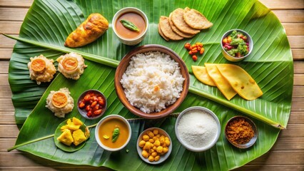 Traditional Onam sadhya meal served on a banana leaf with rice, curries, papadum, payasam, and yogurt, Onam, sadhya, Kerala