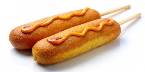 Two corn dogs on a white background, corn dogs, fried, snack, cuisine, fast food, isolated, tasty, delicious