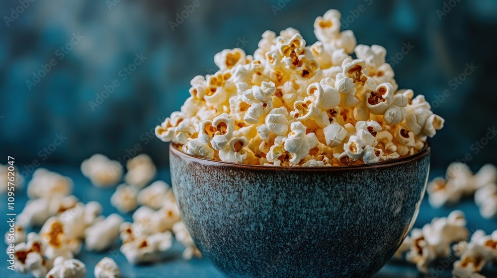 Poster a bowl of popcorn surrounded by scattered kernels on a textured surface.